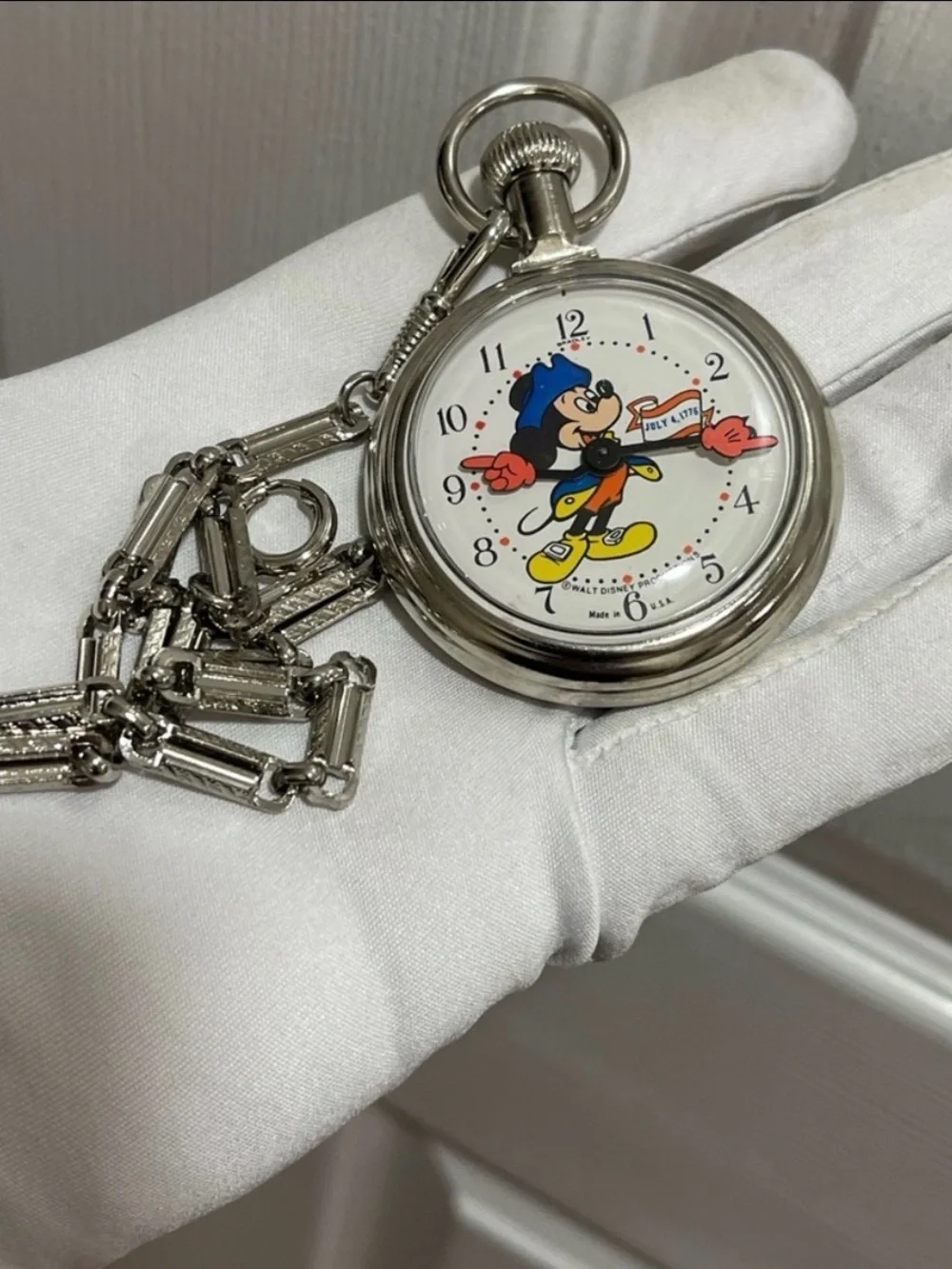 Disney Mickey Mouse Silver Pocket Watch with Red, Blue, Yellow Accents